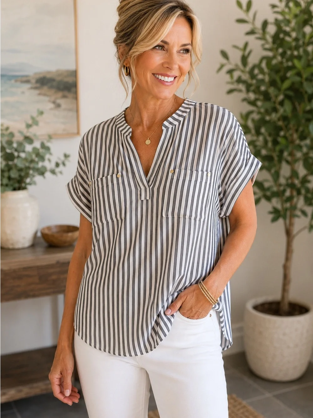 Jones New York Charcoal and White Vertical Stripe V-Neck Blouse